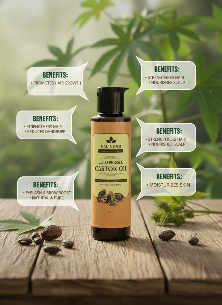 Nau Nidhi: Nature's Pure Blessing, Bottled in Cold Pressed Castor Oil A Promise of 100% Purity for Your Skin and Hair.