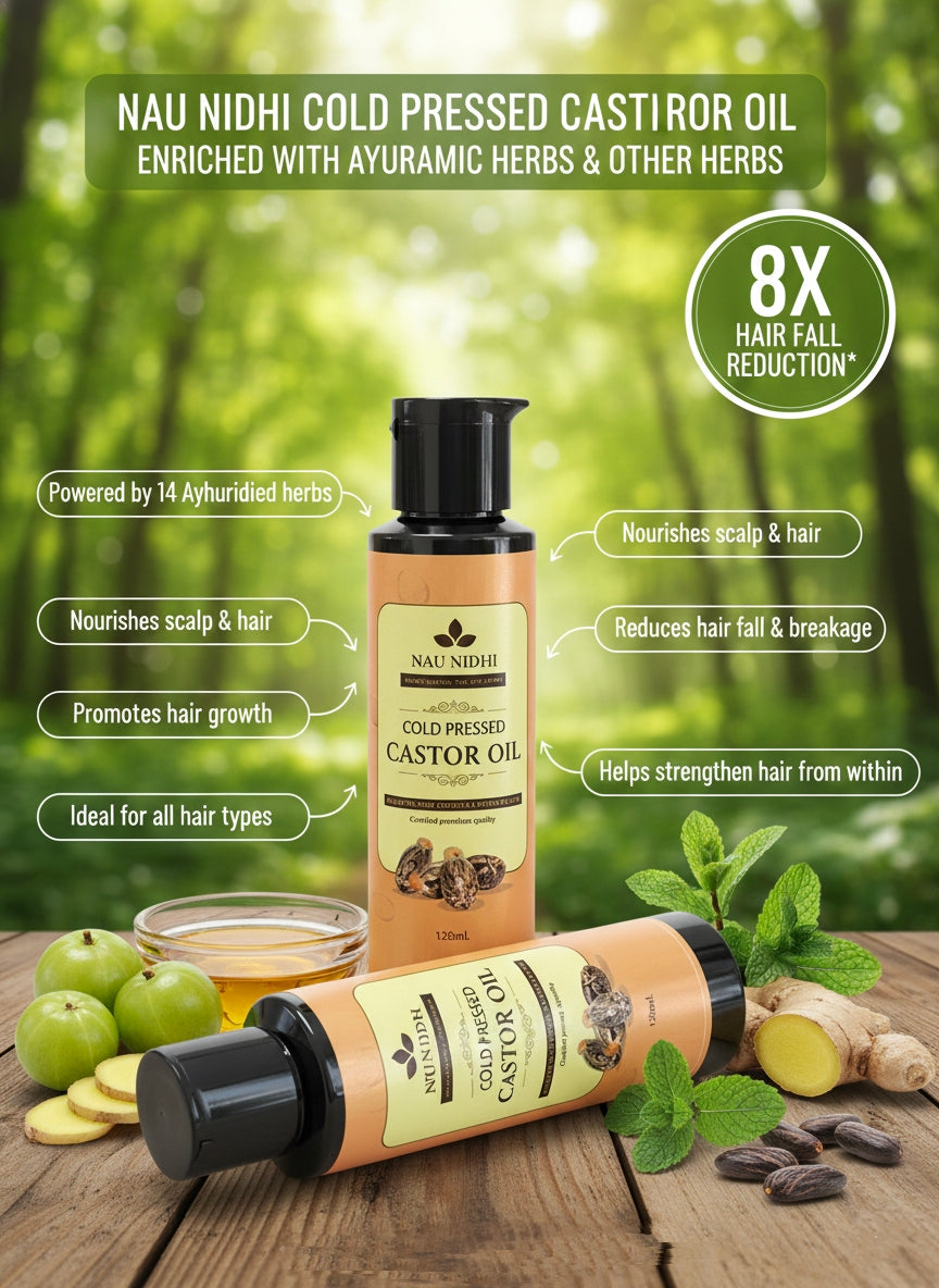 Nau Nidhi: Nature's Pure Blessing, Bottled in Cold Pressed Castor Oil A Promise of 100% Purity for Your Skin and Hair.