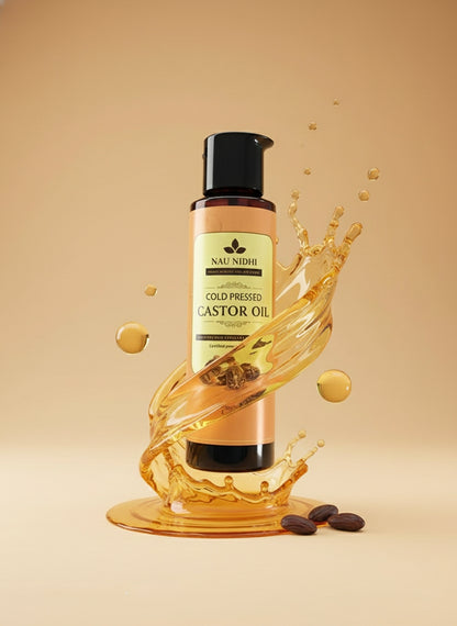 Nau Nidhi: Nature's Pure Blessing, Bottled in Cold Pressed Castor Oil A Promise of 100% Purity for Your Skin and Hair.